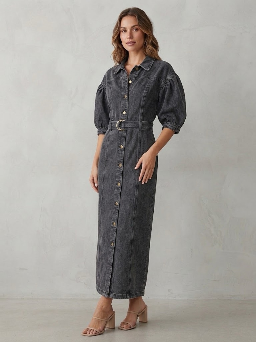 staple the label Black wash Denim Button-Front Midi Dress Puff Sleeves and Belt